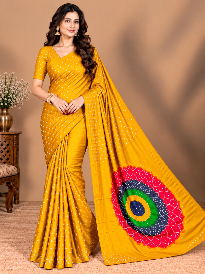 Premium Modal Silk Yellow Color Saree with Mirror Work & Designer Border