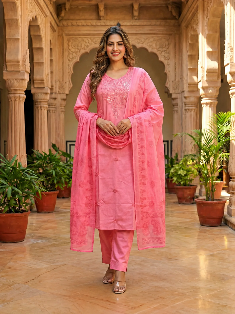 Pink Embroidered Straight Suit Set with Dupatta