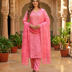 Pink Embroidered Straight Suit Set with Dupatta