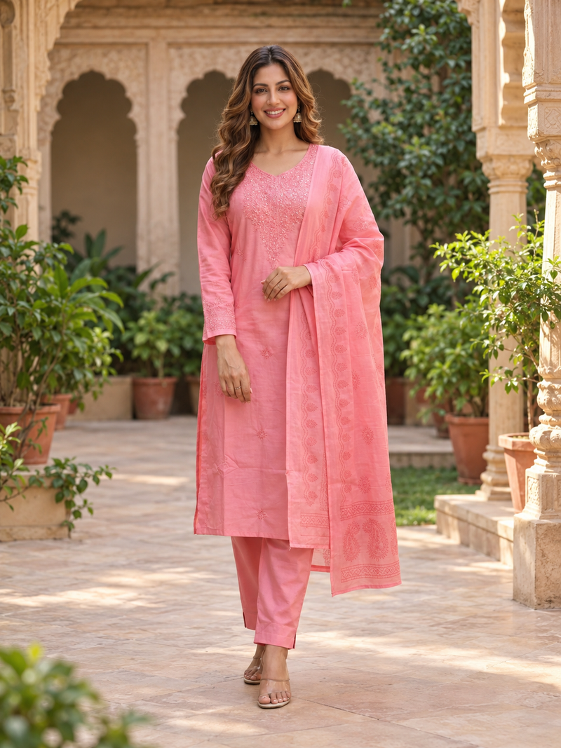 Pink Embroidered Straight Suit Set with Dupatta