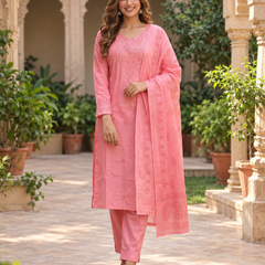 Pink Embroidered Straight Suit Set with Dupatta