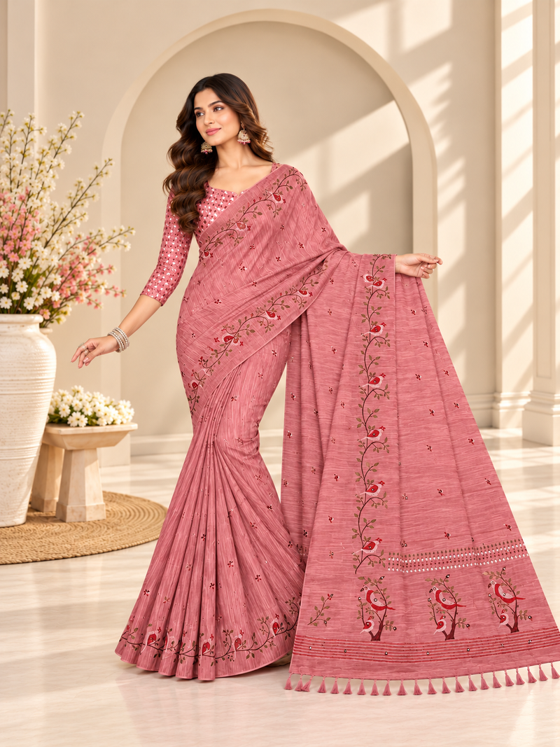 Pink Floral Printed Linen Saree