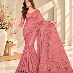 Pink Floral Printed Linen Saree