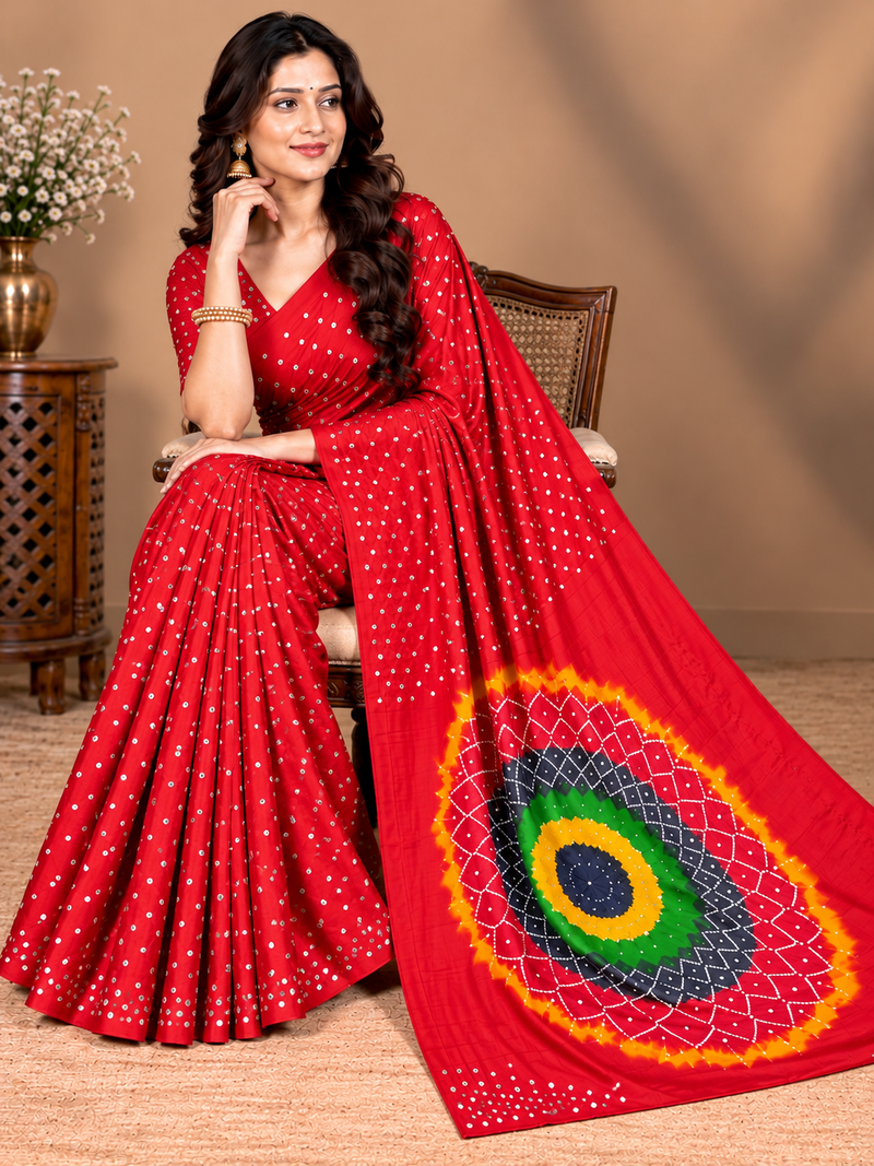 Premium Modal Silk Red Color Saree with Mirror Work & Designer Border