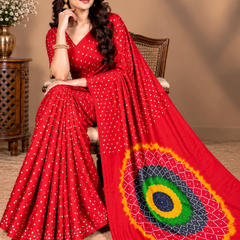 Premium Modal Silk Red Color Saree with Mirror Work & Designer Border
