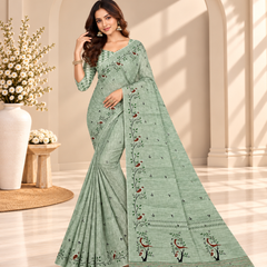 Sage Green Floral Printed Linen Saree