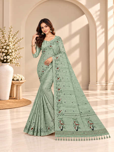Sage Green Floral Printed Linen Saree