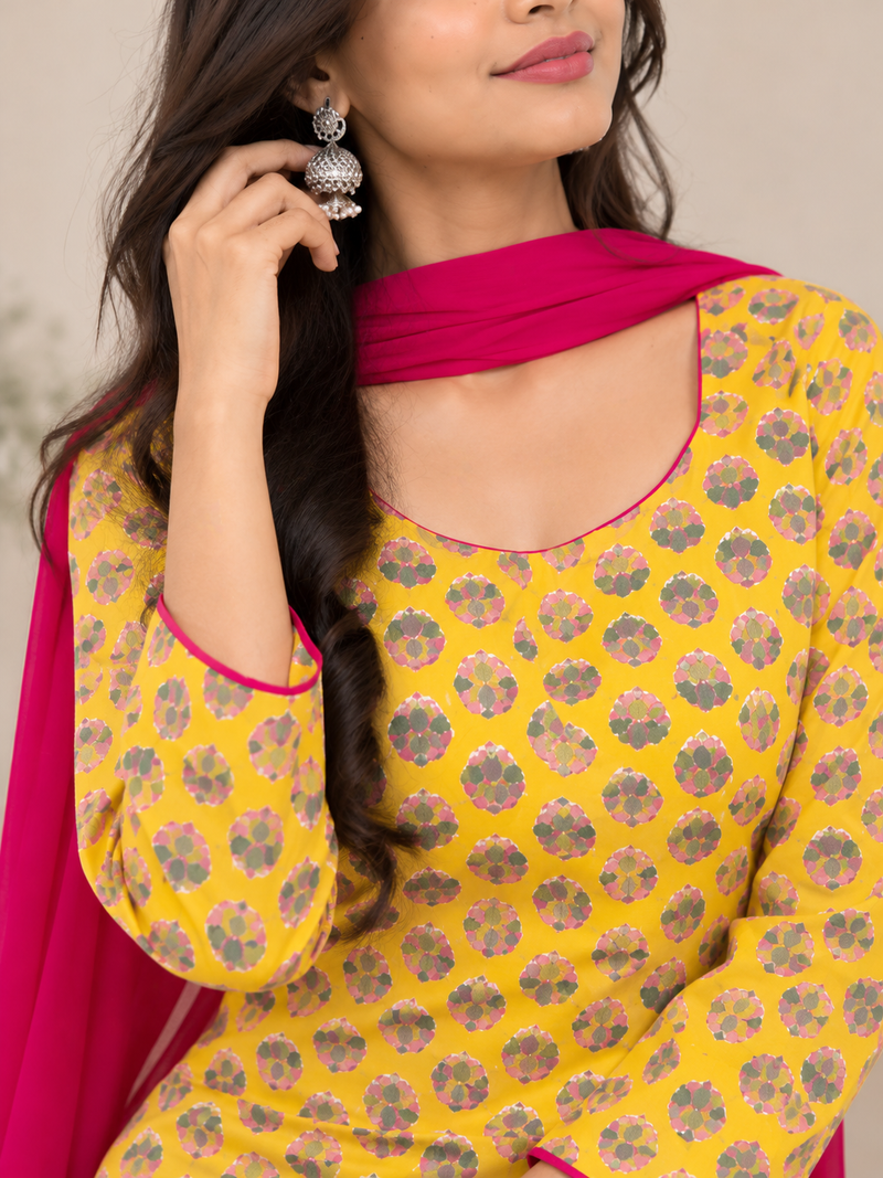 Royal Mustard Printed Cotton Farsi Salwar Suit Set with Dupatta