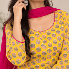 Royal Mustard Printed Cotton Farsi Salwar Suit Set with Dupatta