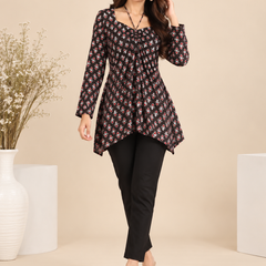Royal Black Premium Cotton Floral Printed Straight Kurti