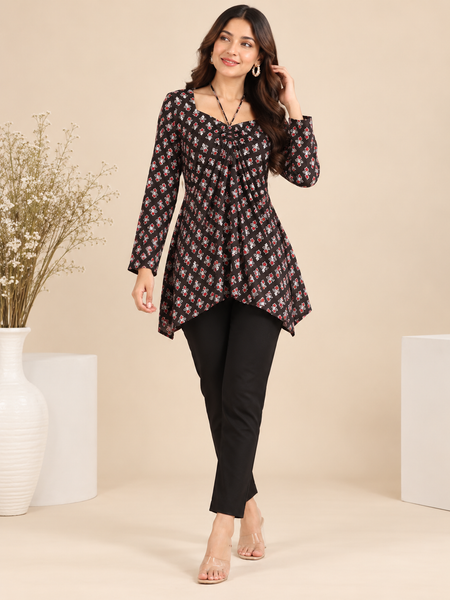 Royal Black Premium Cotton Floral Printed Straight Kurti