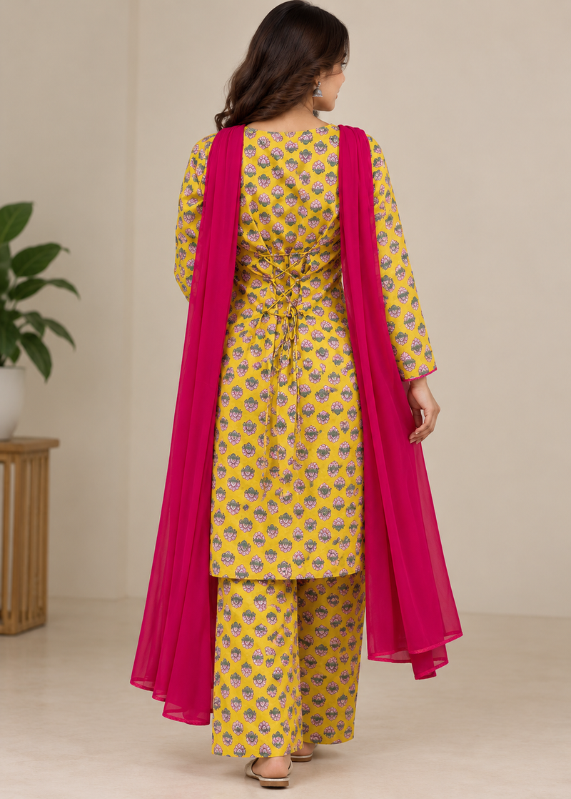 Royal Mustard Printed Cotton Farsi Salwar Suit Set with Dupatta