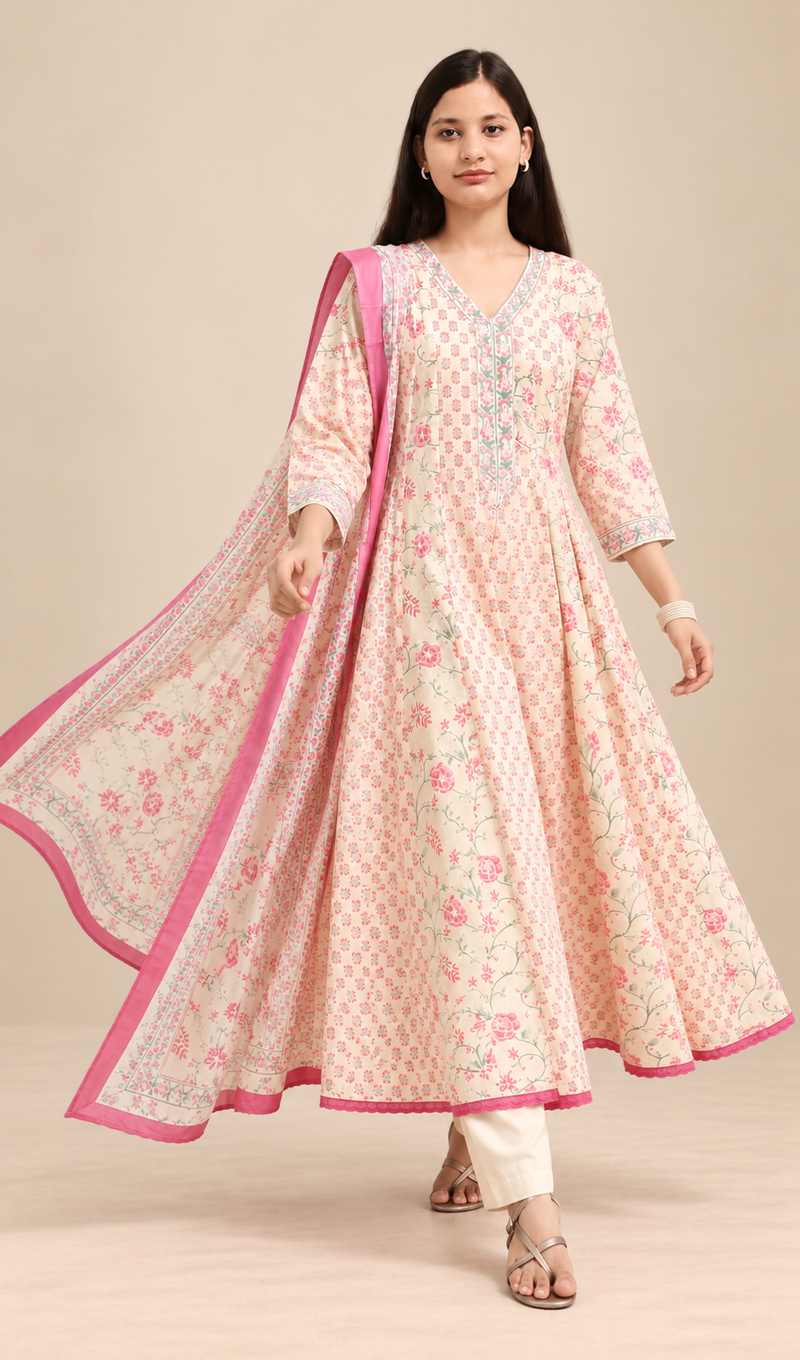Cream Floral Printed Anarkali Set