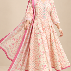 Cream Floral Printed Anarkali Set