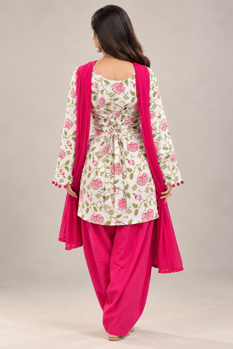 Ruaati Pink Printed Cotton Farsi Salwar Suit Set with Dupatta