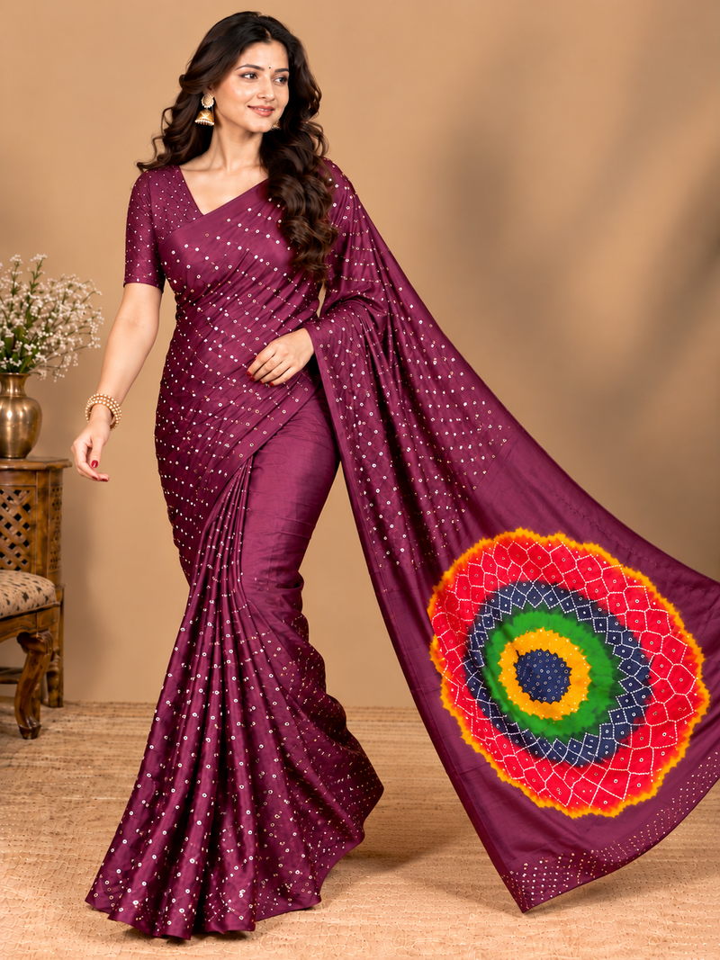 Premium Modal Silk Wine Color Saree with Mirror Work & Designer Border