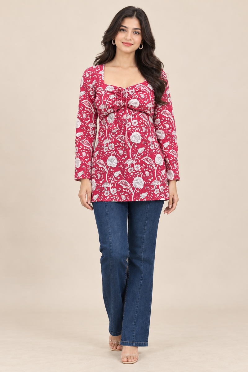 Royal Red Multi Premium Cotton Floral Printed Straight Kurti
