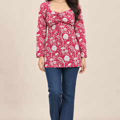Royal Red Multi Premium Cotton Floral Printed Straight Kurti