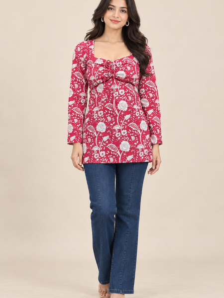 Royal Red Multi Premium Cotton Floral Printed Straight Kurti
