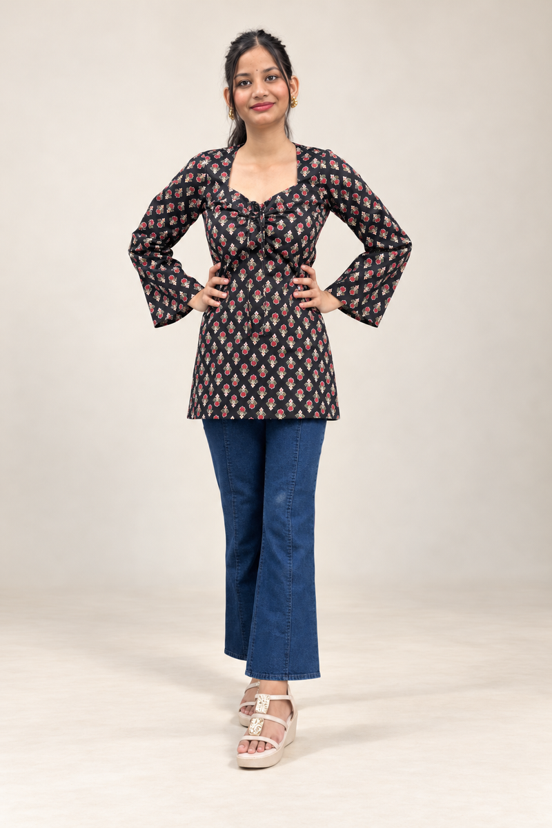 Royal Black Premium Cotton Floral Printed Straight Kurti