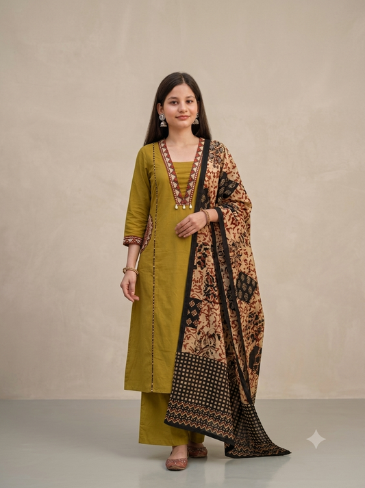 Ruaati Women Premium Mul Cotton Olive Green Printed Suit Set with Designer Dupatta