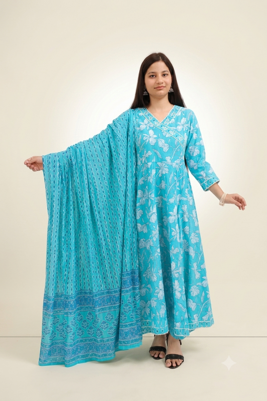 Ruaati Women Mul Cotton Sky Blue Floral Printed Anarkali Suit Set with Dupatta