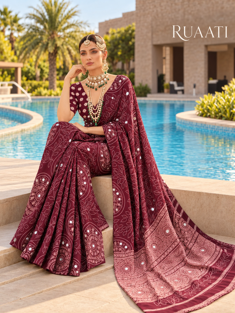 Wine Modal Silk Saree with Mirror Work & Designer Border