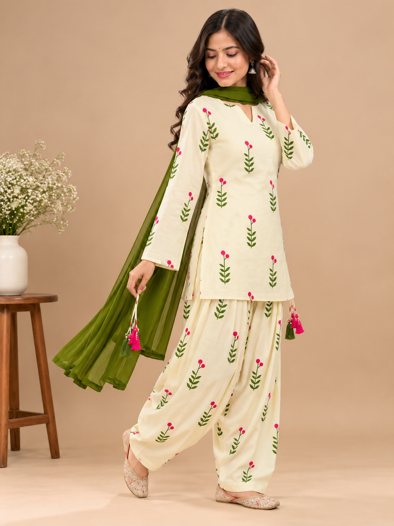 Royal Cream Printed Cotton Farsi Salwar Suit Set with Dupatta
