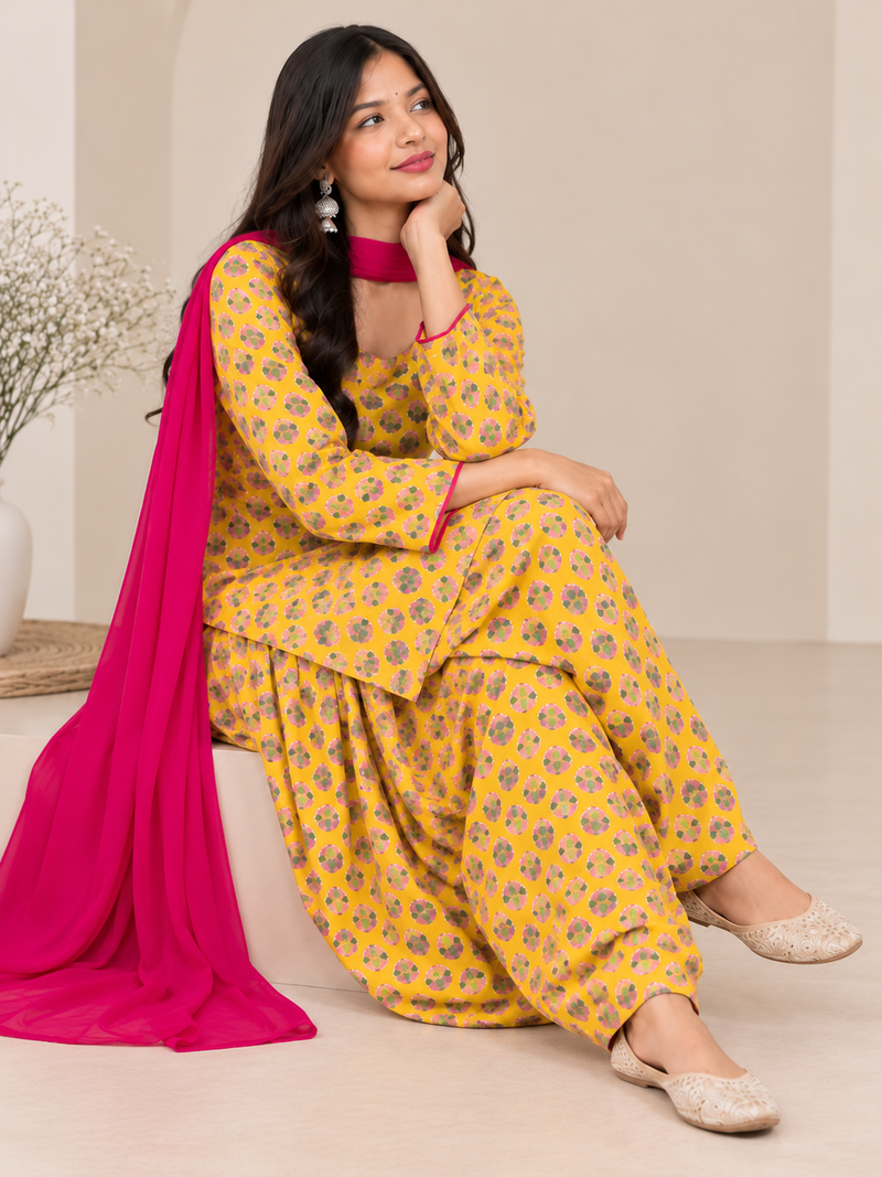 Royal Mustard Printed Cotton Farsi Salwar Suit Set with Dupatta