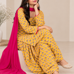 Royal Mustard Printed Cotton Farsi Salwar Suit Set with Dupatta