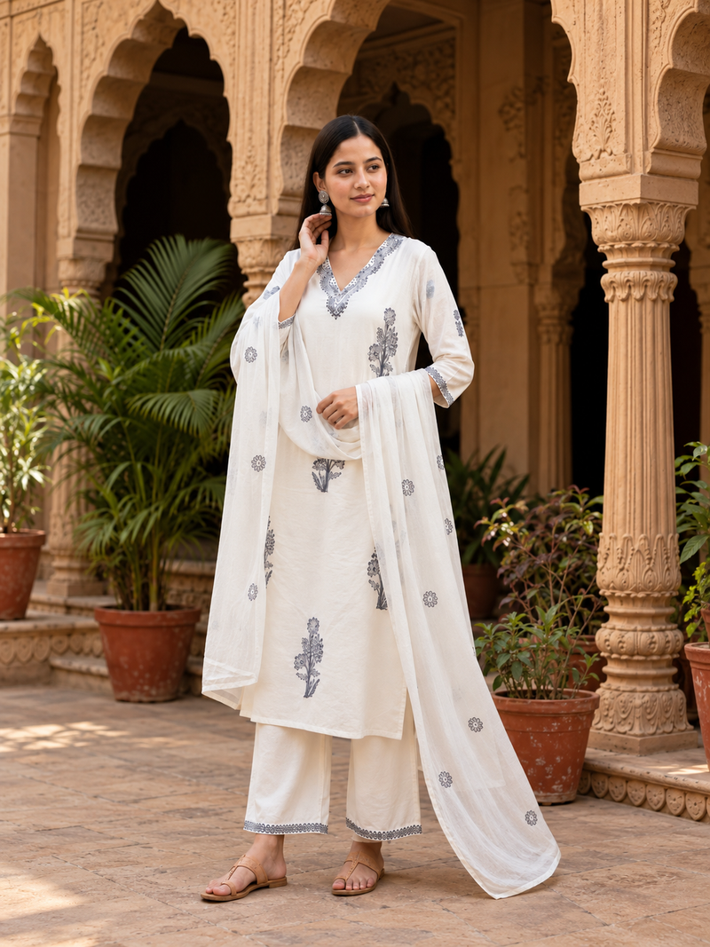 Off-White Floral Printed Straight Suit Set