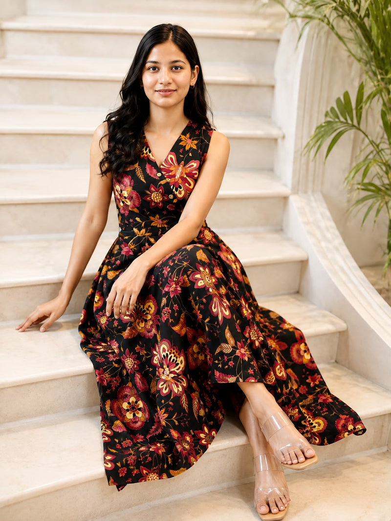 Black Floral Printed Flared Dress