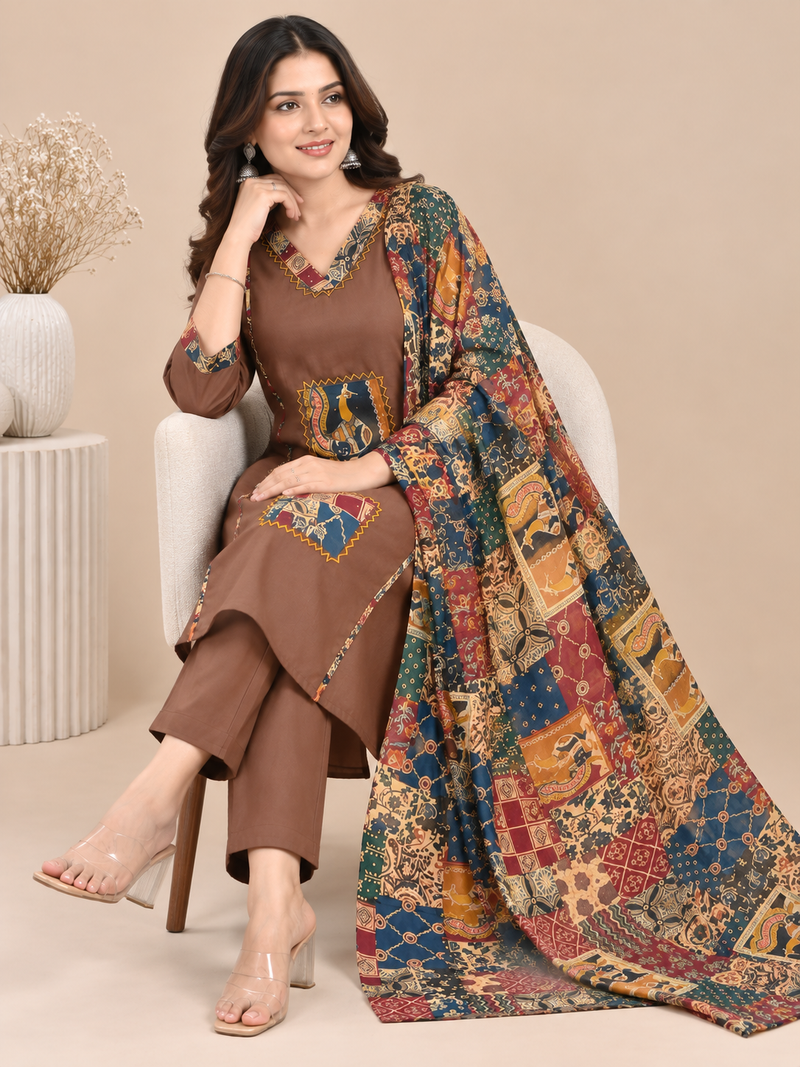 Brown Printed Embroidered Suit Set
