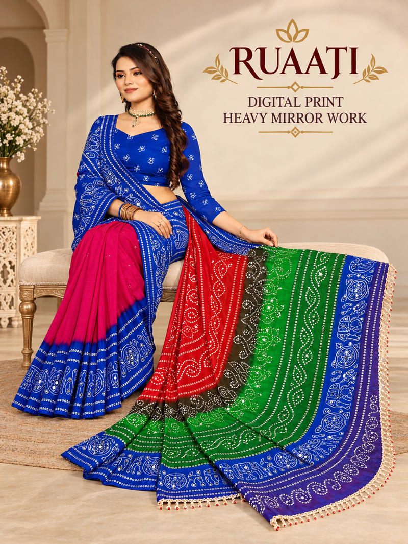Multi Color Georgette Saree with Digital Print & Heavy Mirror Work