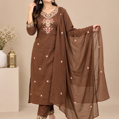 Brown Floral Embroidered Suit Set with Dupatta