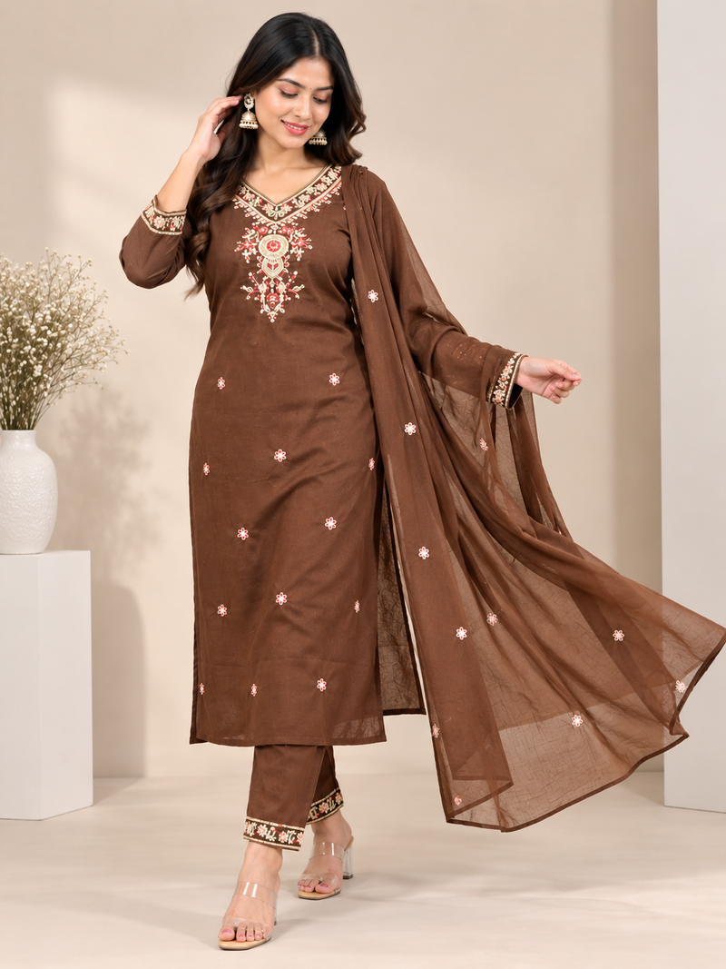 Brown Floral Embroidered Suit Set with Dupatta
