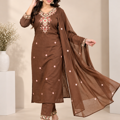 Brown Floral Embroidered Suit Set with Dupatta