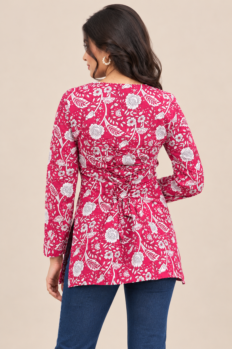 Royal Red Multi Premium Cotton Floral Printed Straight Kurti