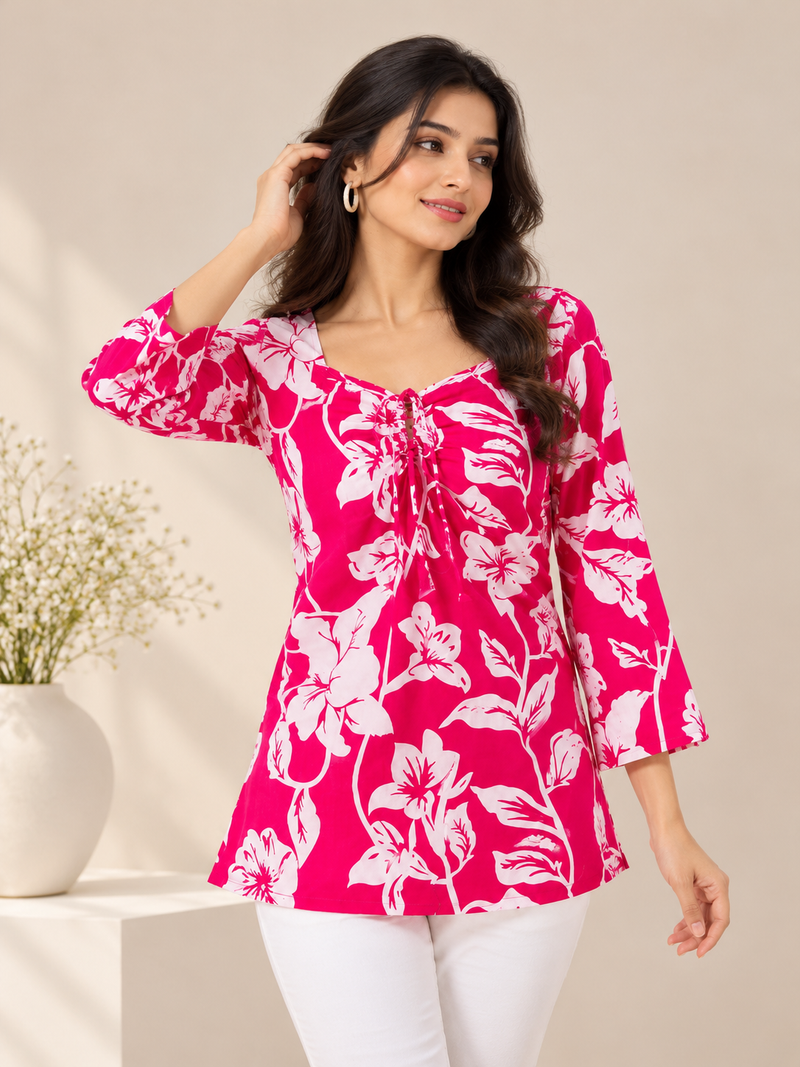 Royal Red Premium Cotton Floral Printed Straight Kurti