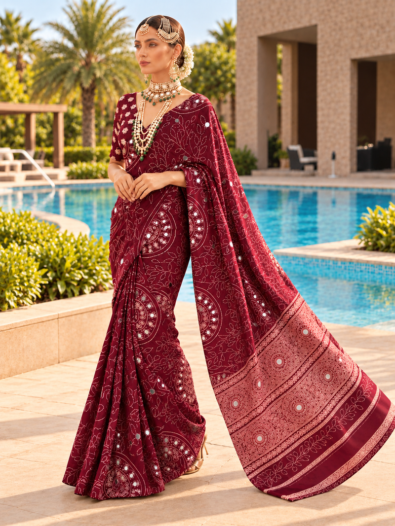 Wine Modal Silk Saree with Mirror Work & Designer Border