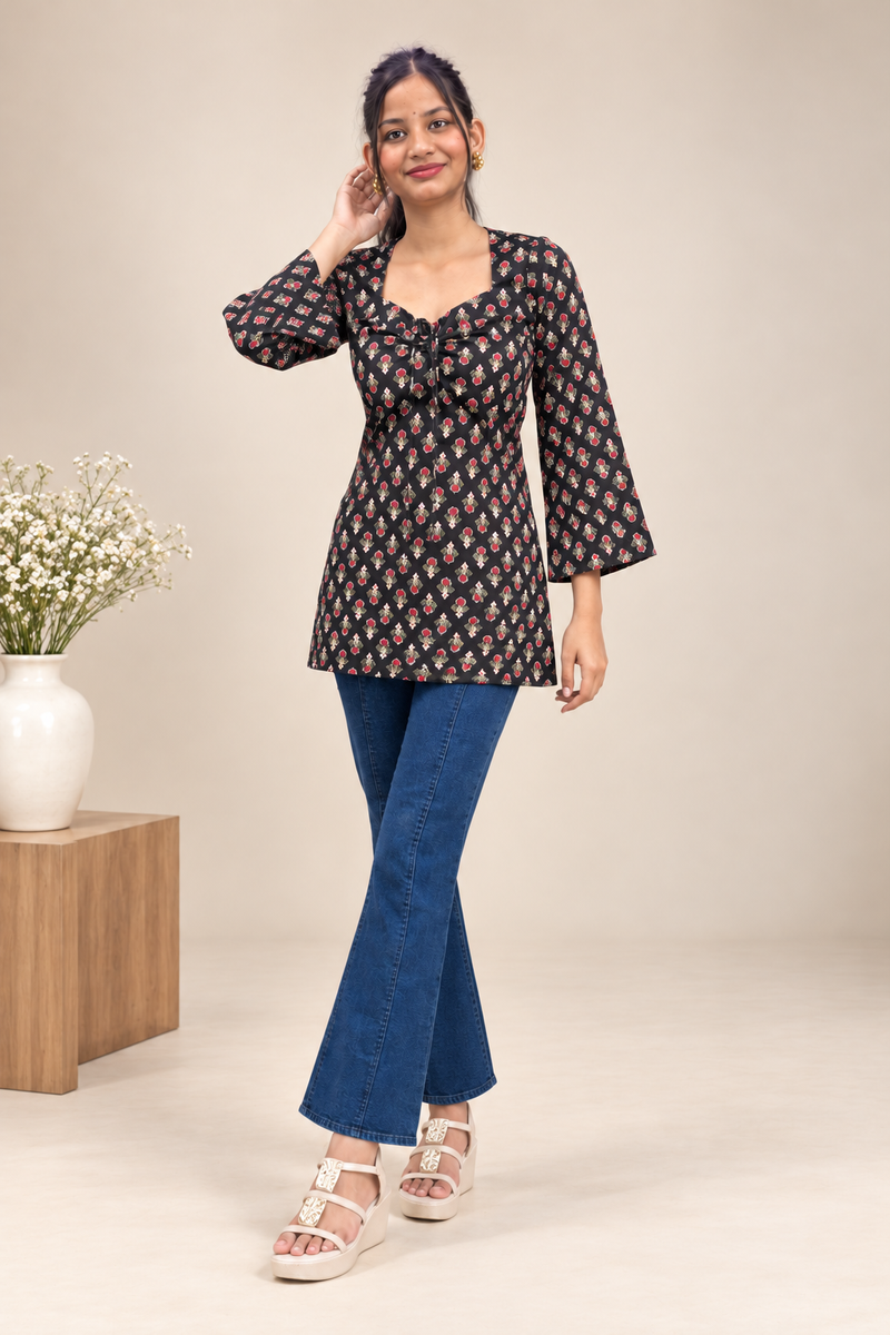 Royal Black Premium Cotton Floral Printed Straight Kurti