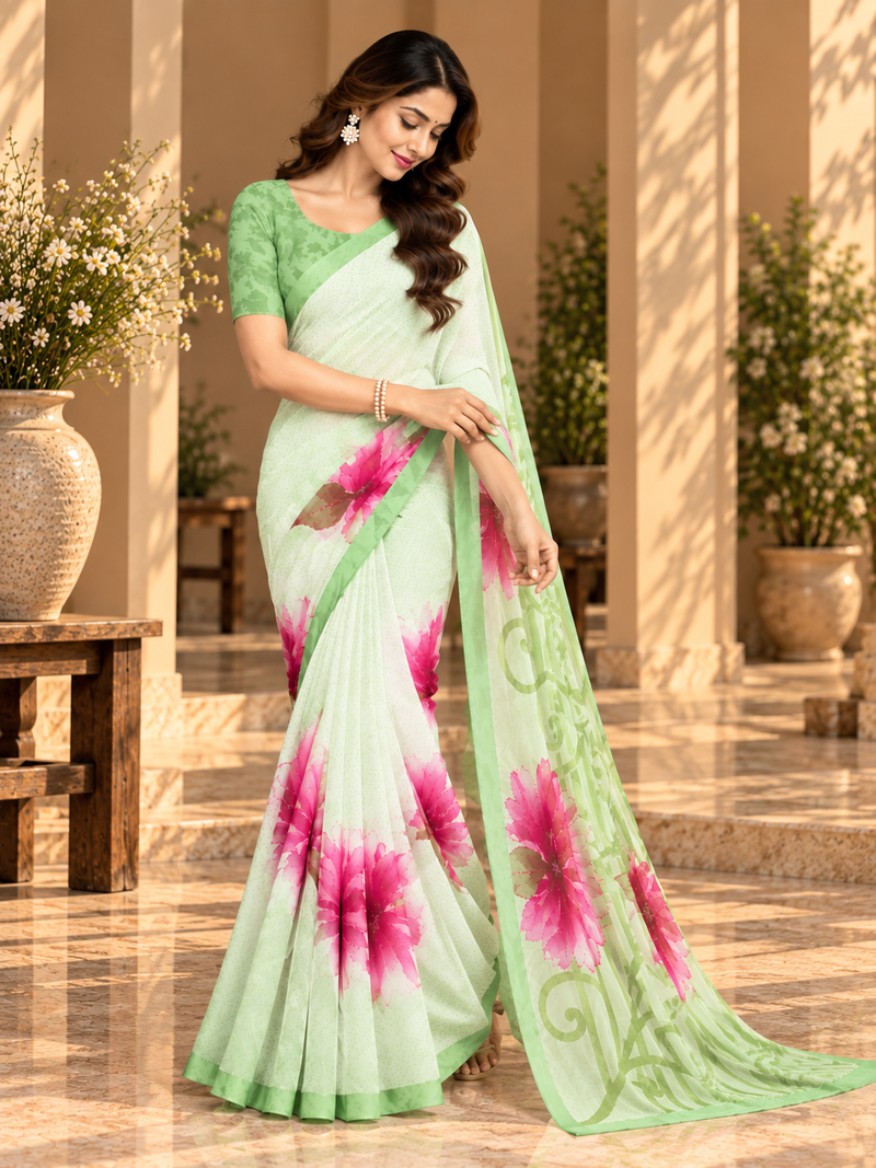 Mint Green Floral Printed Georgette Saree
