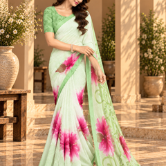 Mint Green Floral Printed Georgette Saree