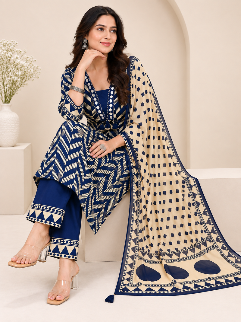 Blue Printed Cotton Suit Set