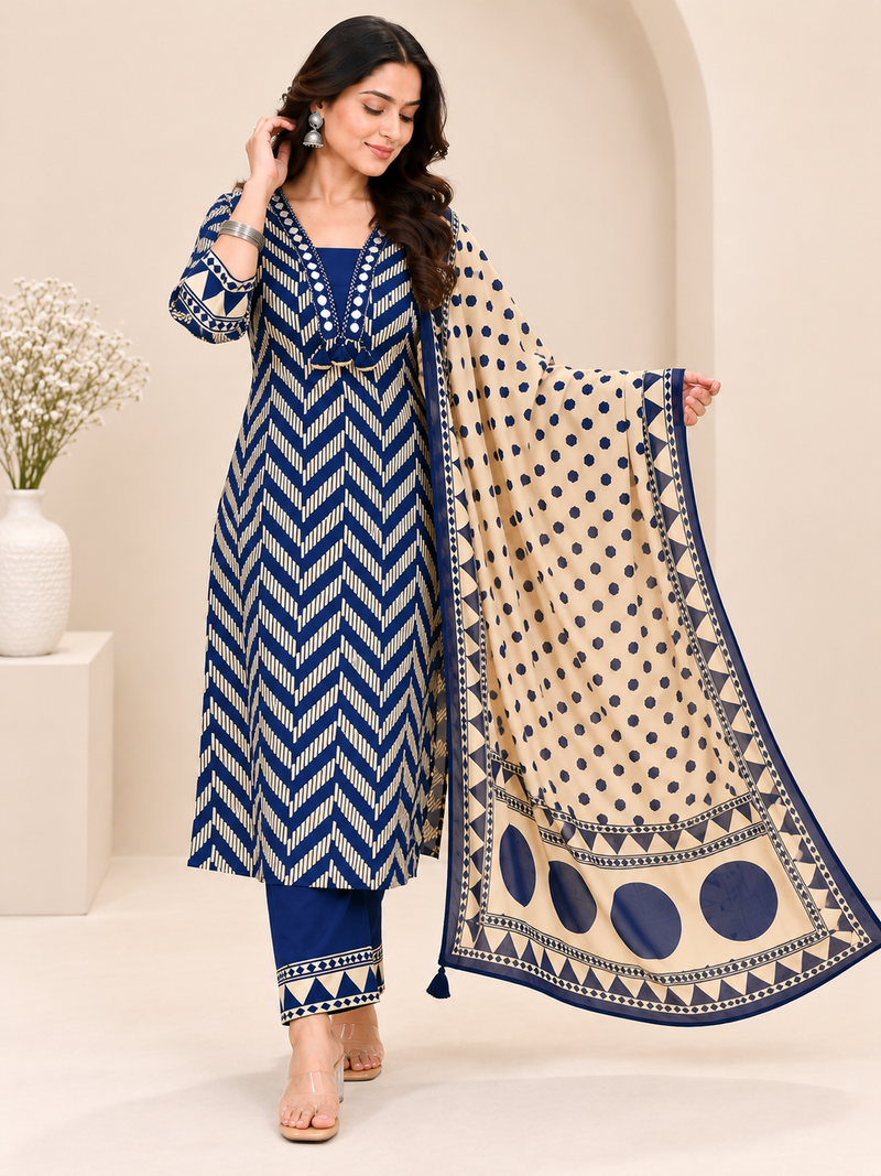 Blue Printed Cotton Suit Set
