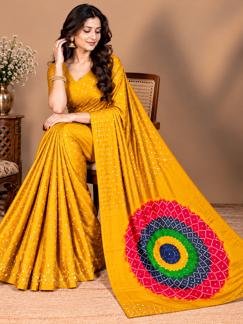 Premium Modal Silk Yellow Color Saree with Mirror Work & Designer Border