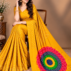 Premium Modal Silk Yellow Color Saree with Mirror Work & Designer Border