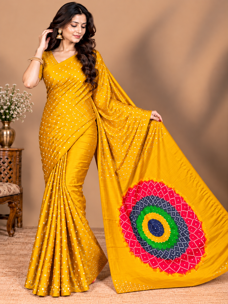 Premium Modal Silk Yellow Color Saree with Mirror Work & Designer Border