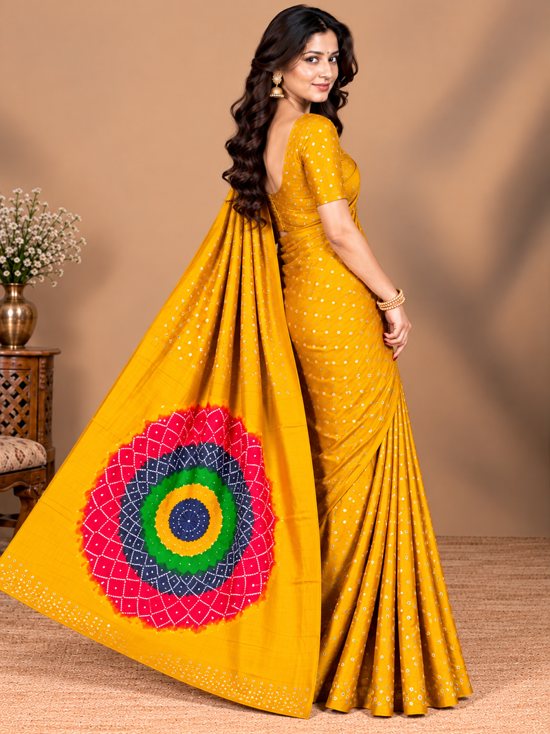 Premium Modal Silk Yellow Color Saree with Mirror Work & Designer Border