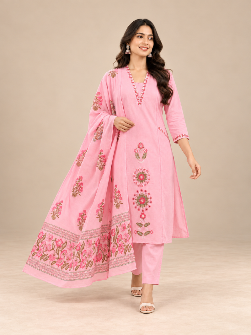 Pink Premium Cotton Floral Embroidered Suit Set